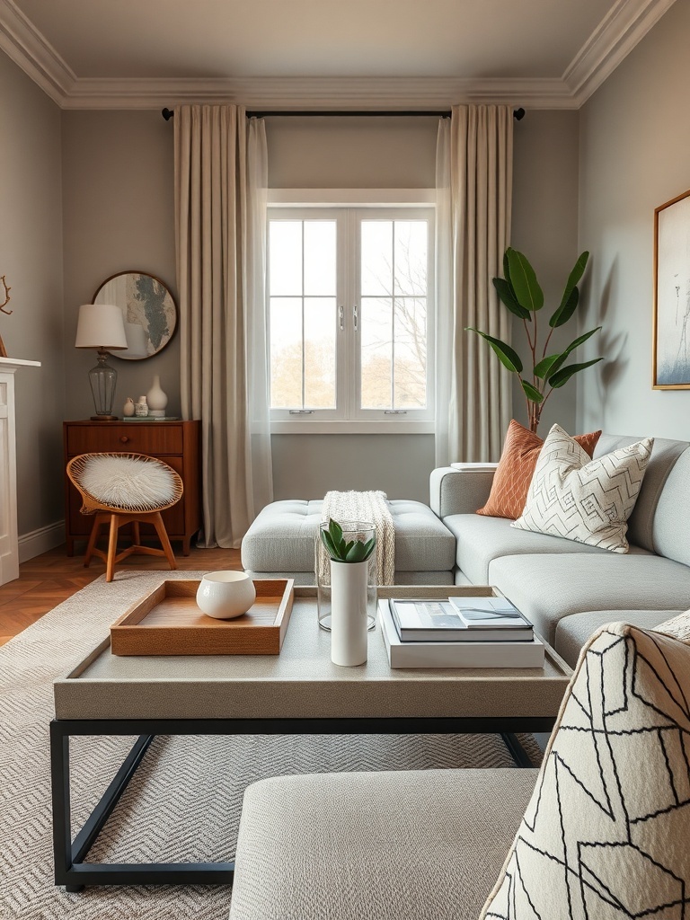 A small living room with a stylish coffee table featuring a wooden tray, coasters, and a small plant.