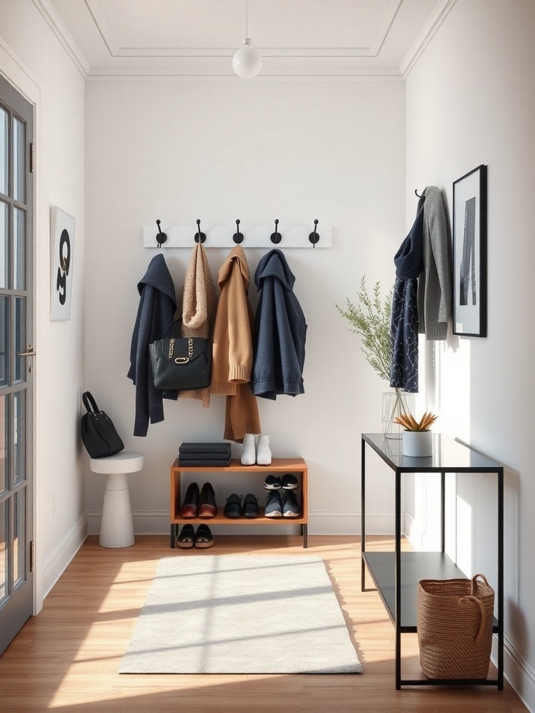A functional entryway with wall-mounted hooks, a shoe rack, and a small table.