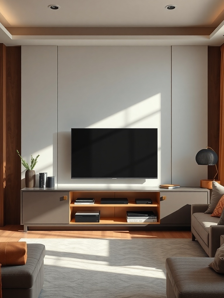 A modern media unit with a flat-screen TV, open shelves, and decorative items in a stylish living room.