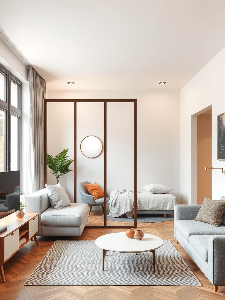 A modern living space featuring a stylish room divider that separates the living area from the bedroom.
