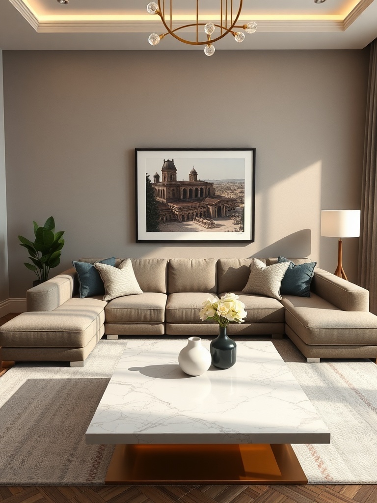 A stylish and functional living room featuring a large sectional sofa, marble coffee table, and artwork on the wall.
