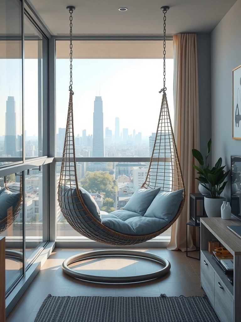 A stylish hanging chair swing in a modern apartment balcony with a city view.