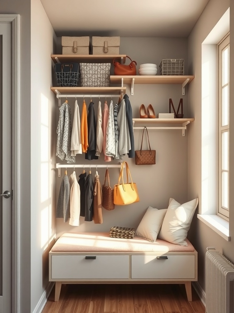 A well-organized small closet featuring hanging organizers for clothes and accessories.