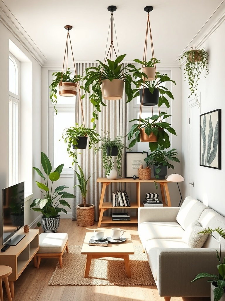 A cozy living room with hanging planters and various indoor plants.
