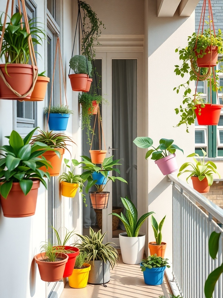 A balcony with various hanging plants in colorful pots