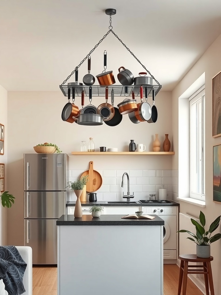 A modern kitchen featuring a hanging pot rack with various pots and pans.