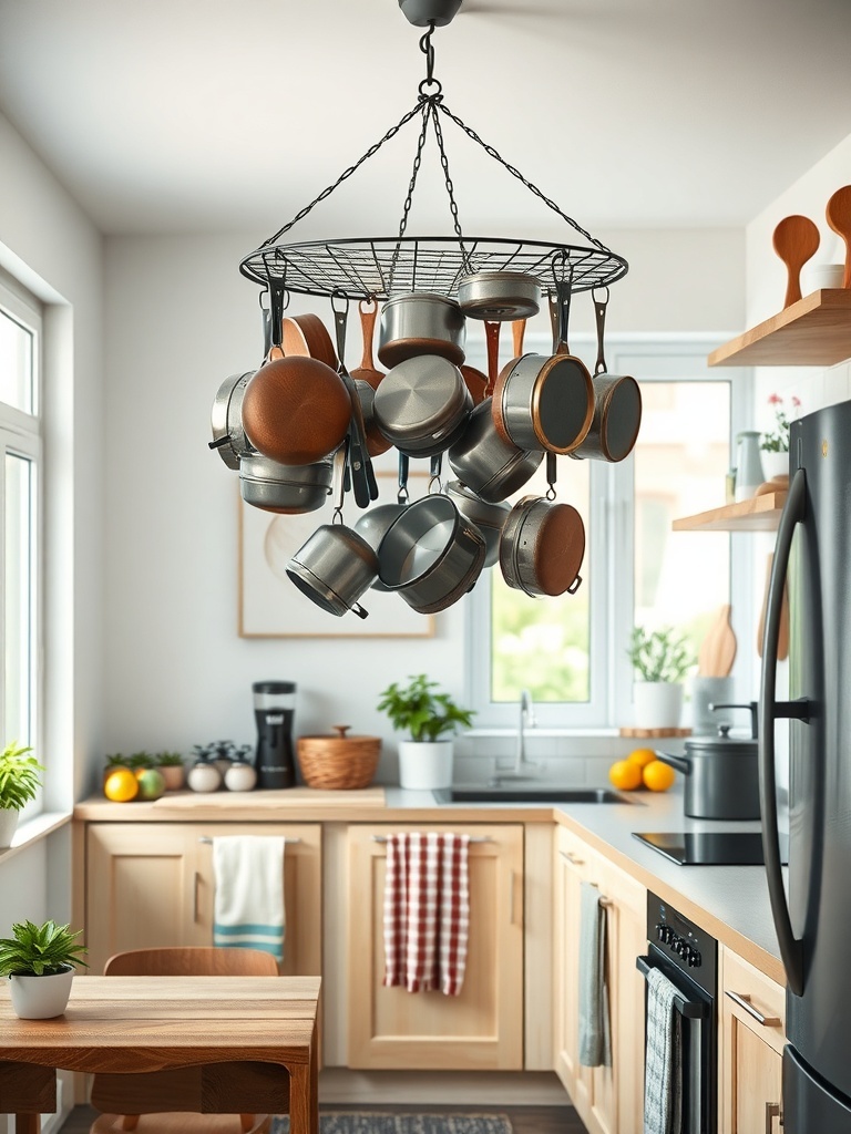 A stylish hanging pot rack filled with various pots and pans in a bright kitchen.