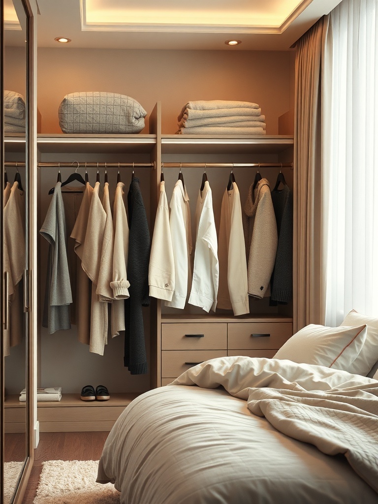 A modern closet featuring hanging rods with neatly organized clothes and shelves above for storage.