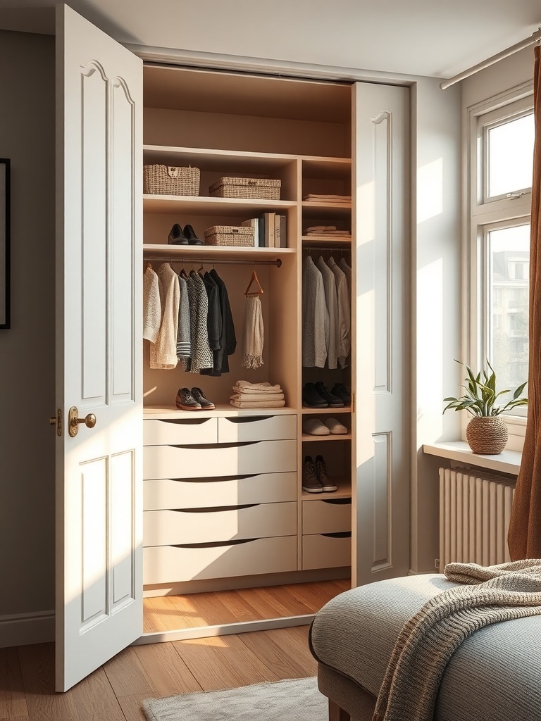 A well-organized small closet with shelves, drawers, and hidden storage solutions.