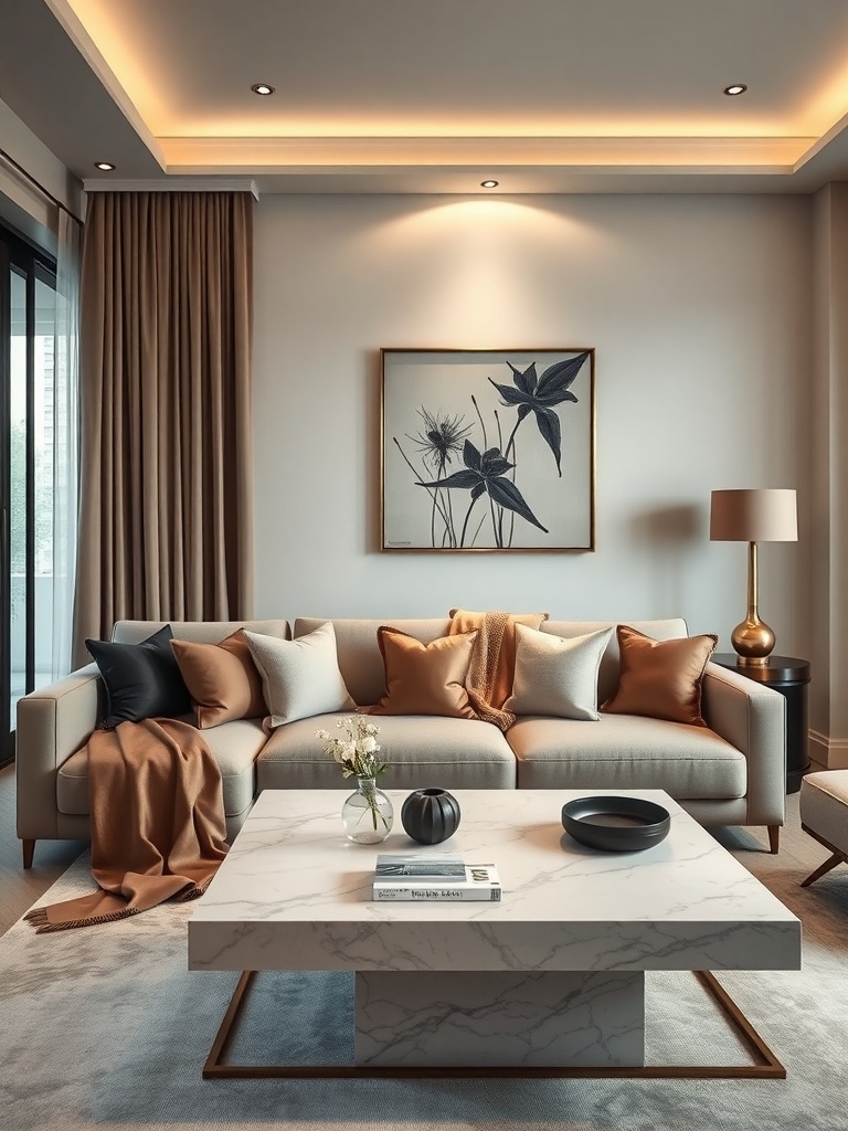 A luxurious living room featuring a plush sofa with decorative cushions, elegant curtains, and a marble coffee table.