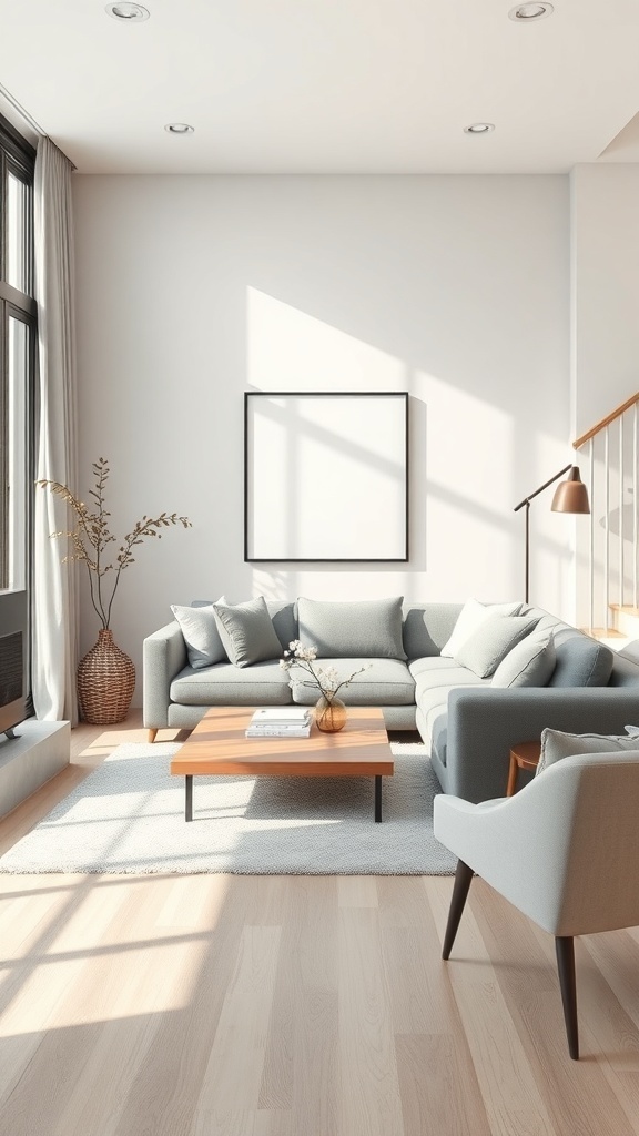 A minimalist living room with a gray sofa, wooden coffee table, and natural light.