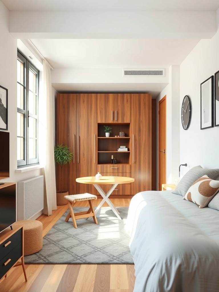 A small apartment bedroom featuring a foldable table, chair, and wooden cabinetry.