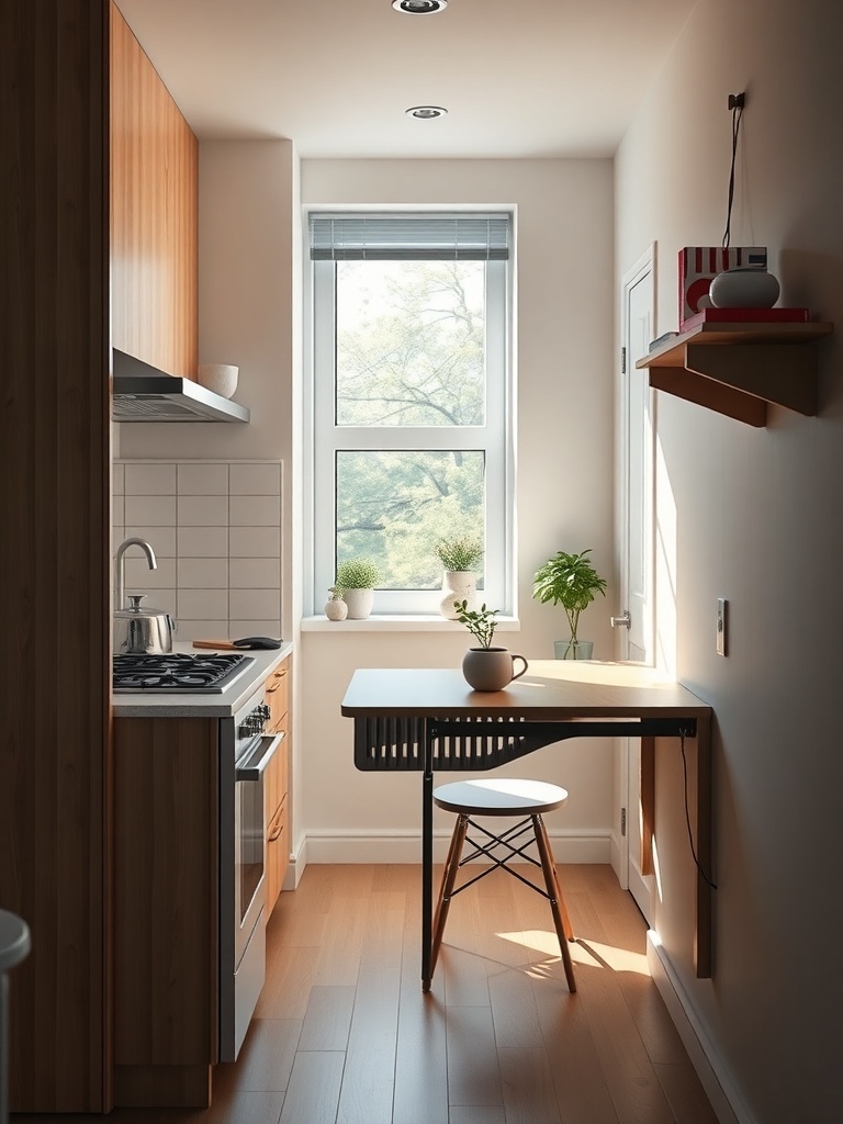 A small kitchen featuring a fold-down table next to a window, with plants and modern decor.