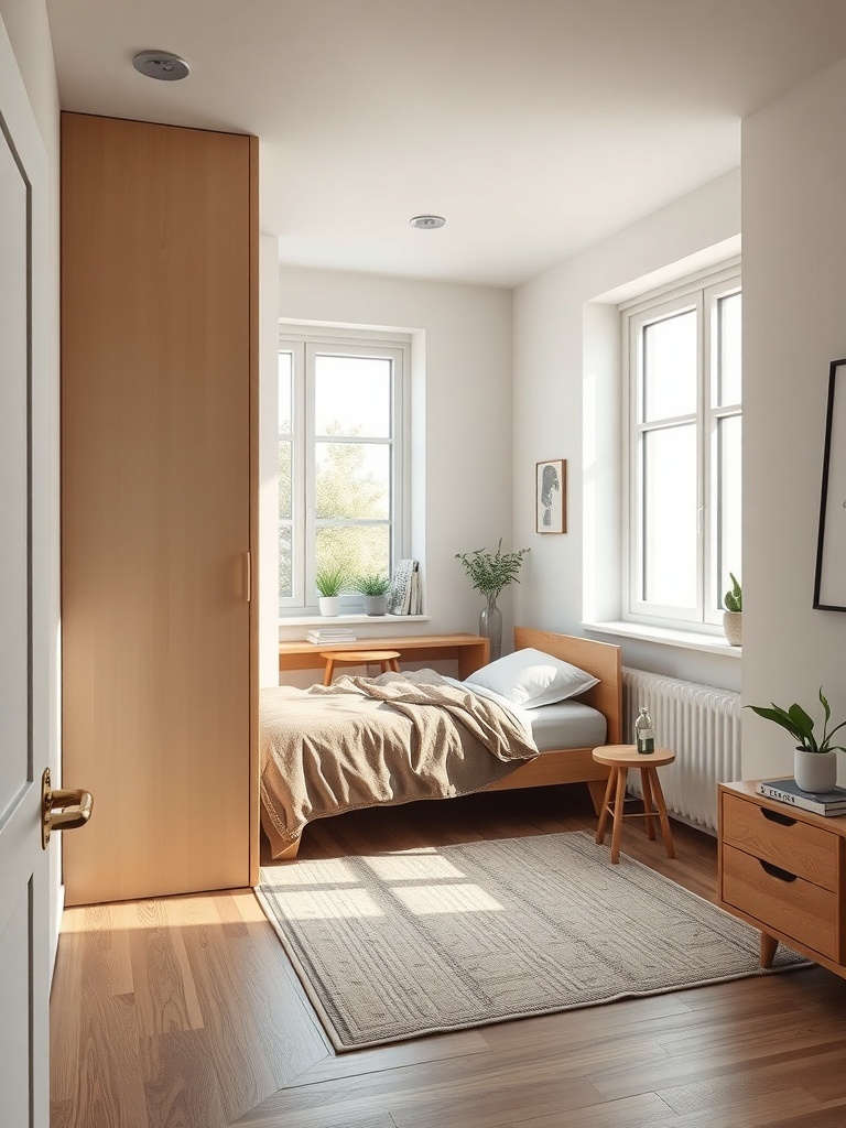 Cozy small apartment bedroom with a foldable bed and natural light.