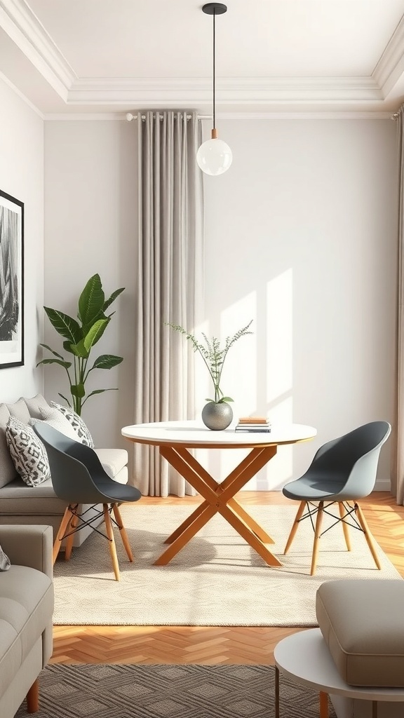 A modern living room with a foldable dining table and stylish chairs