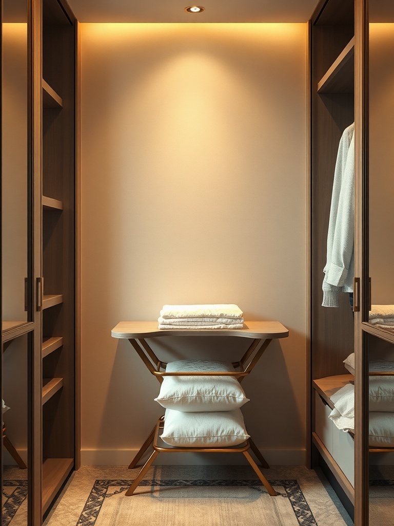 A small closet featuring a folding table with neatly stacked towels and pillows, illuminated by warm lighting.
