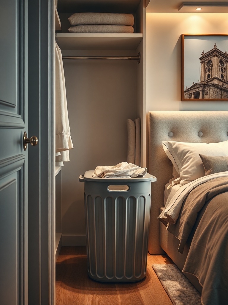 A stylish gray laundry hamper in a closet with neatly folded towels and a cozy bed.