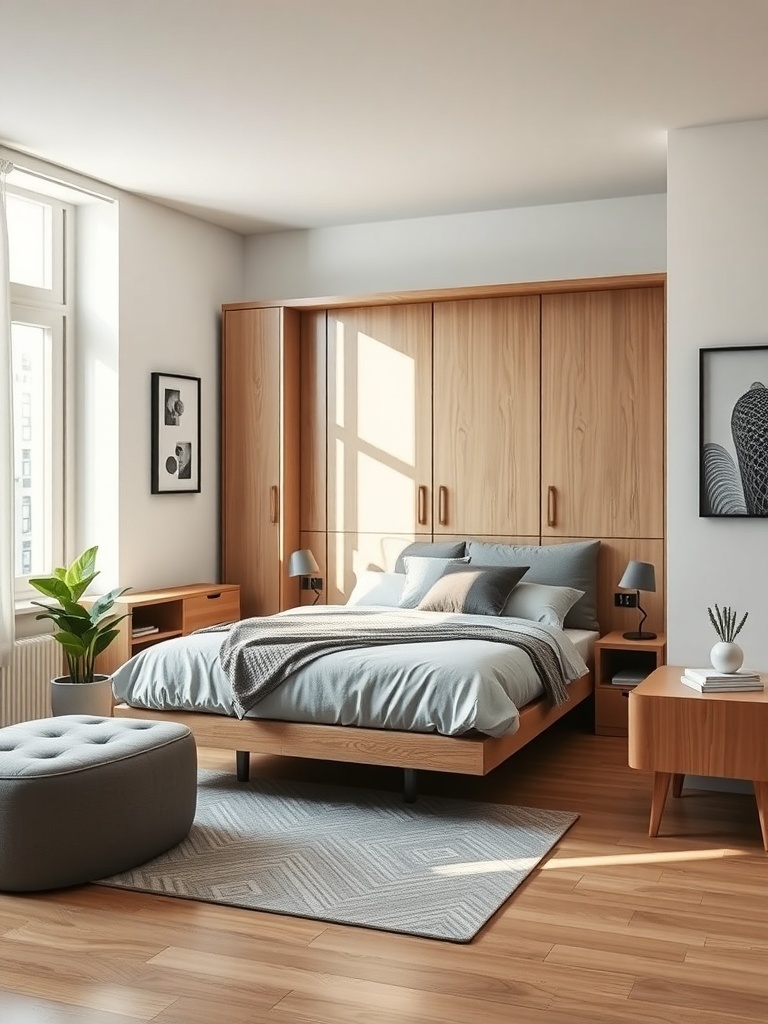 A small apartment bedroom featuring a Murphy bed integrated into wooden cabinetry, with a cozy bed setup and a modern aesthetic.