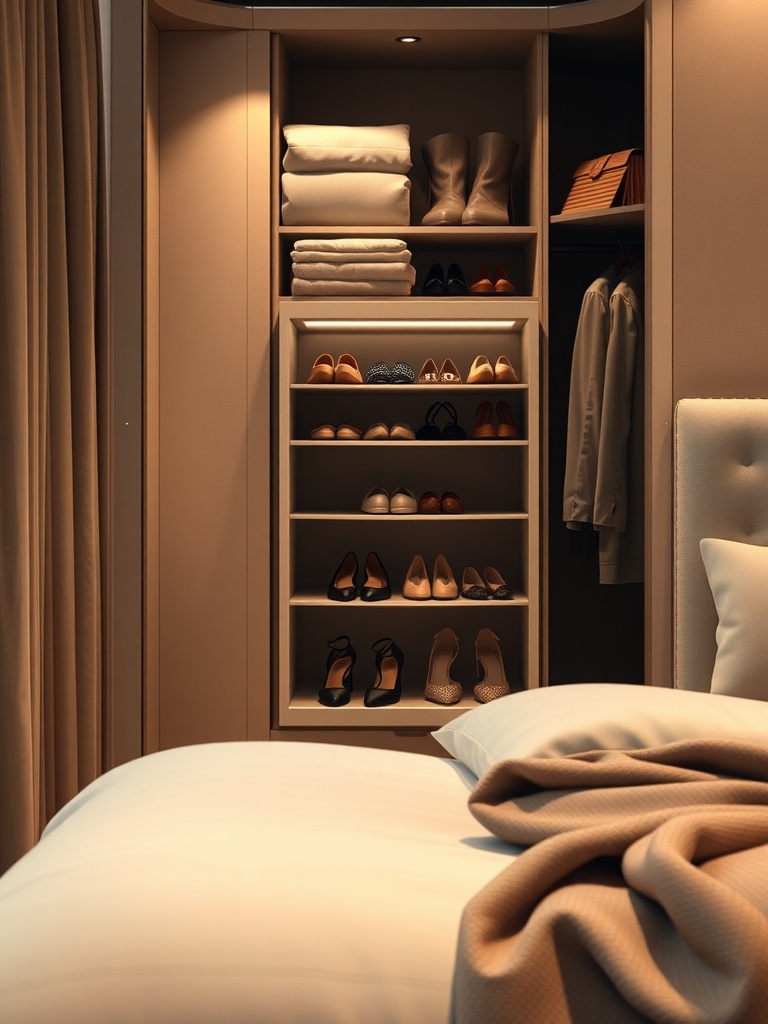 A stylish shoe rack in a closet displaying various pairs of shoes and neatly folded towels.