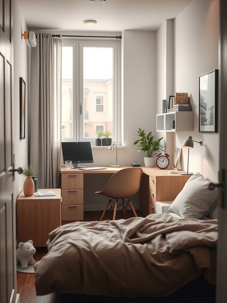 Cozy bedroom with a small desk and a comfortable chair, showcasing a productive workspace.