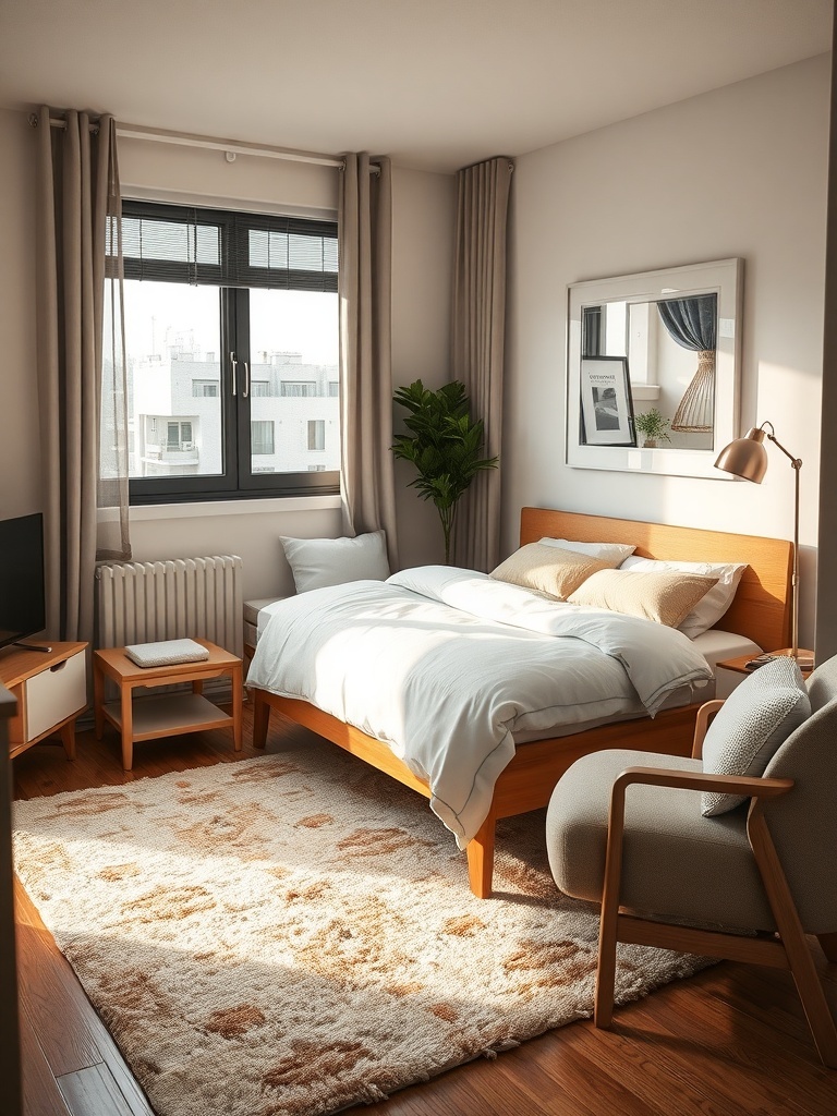 Cozy small bedroom with a soft rug, wooden bed, and natural light.