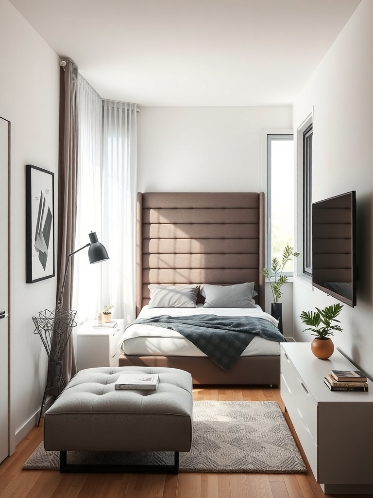 A small apartment bedroom featuring a tufted statement headboard, light walls, and wooden flooring.