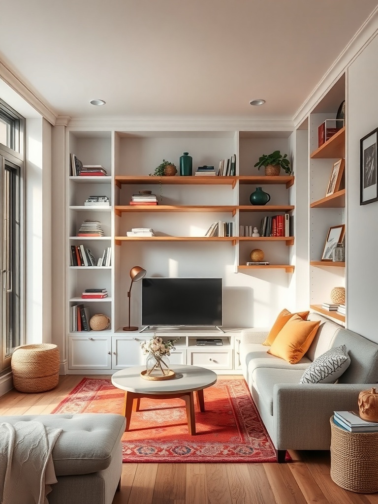 Cozy small living room with built-in shelves and modern decor