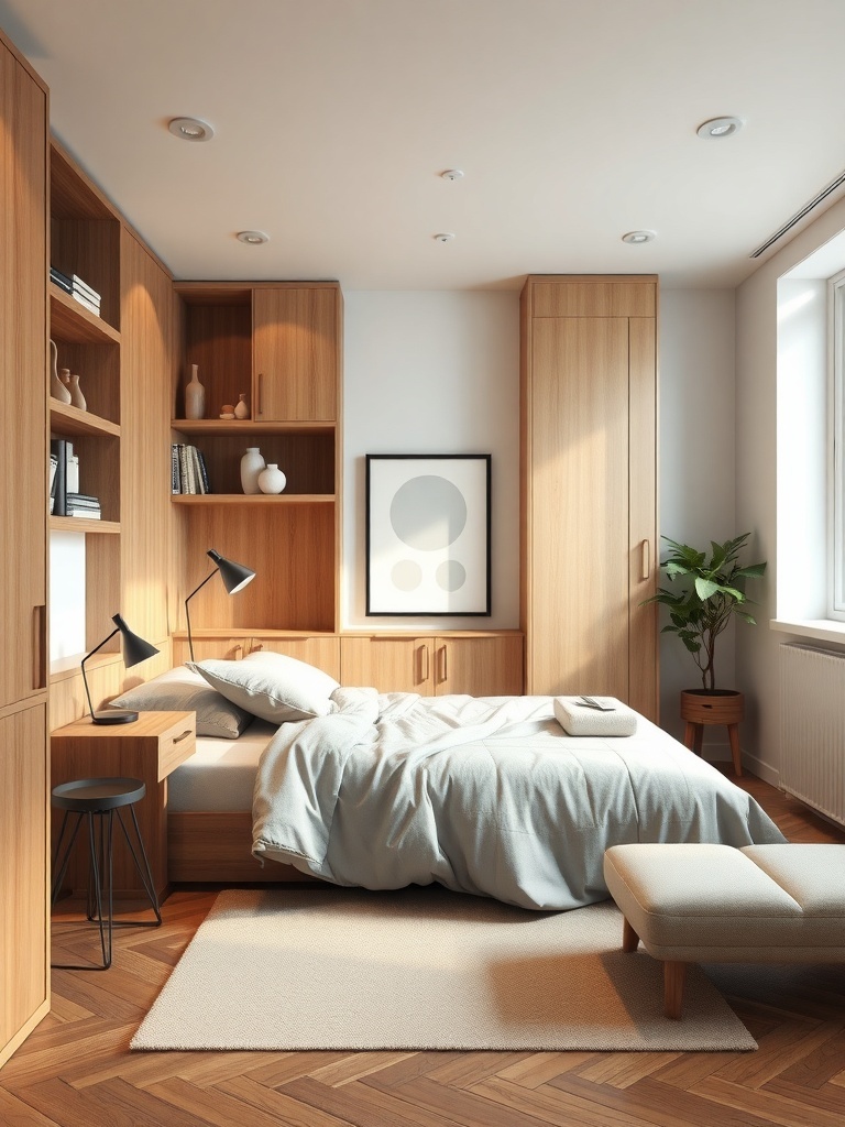Cozy small apartment bedroom with built-in furniture, featuring wooden shelves and cabinets, a neatly made bed, and a small plant.