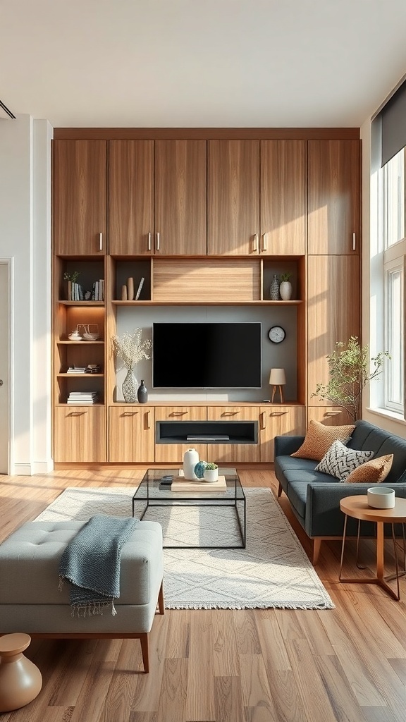 A cozy living room with built-in storage solutions featuring wooden cabinetry, a TV, and stylish decor.