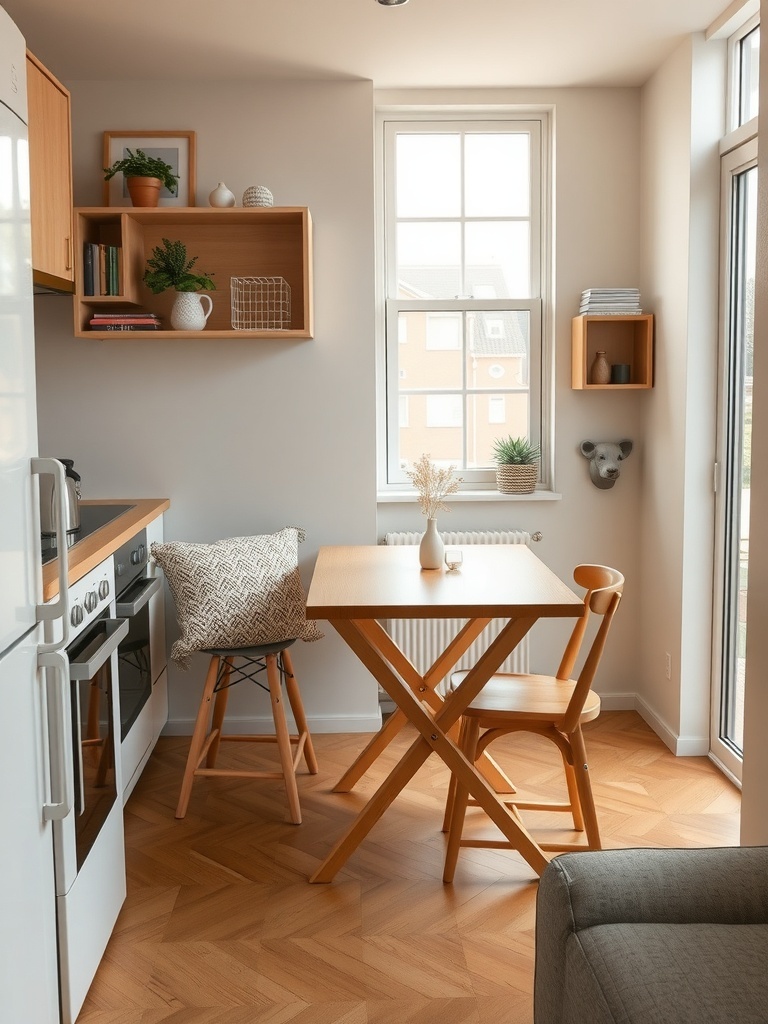 A small kitchen featuring a foldable table and chairs, maximizing space.