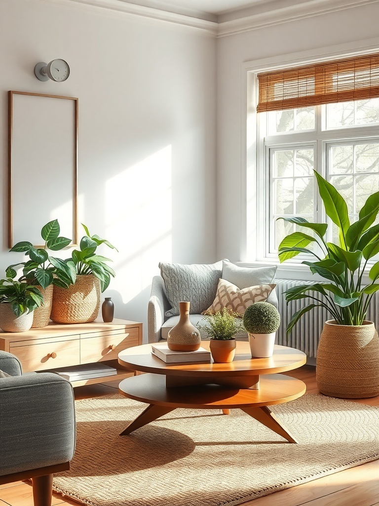 A cozy small living room featuring various indoor plants, a round coffee table, and warm wooden furniture.