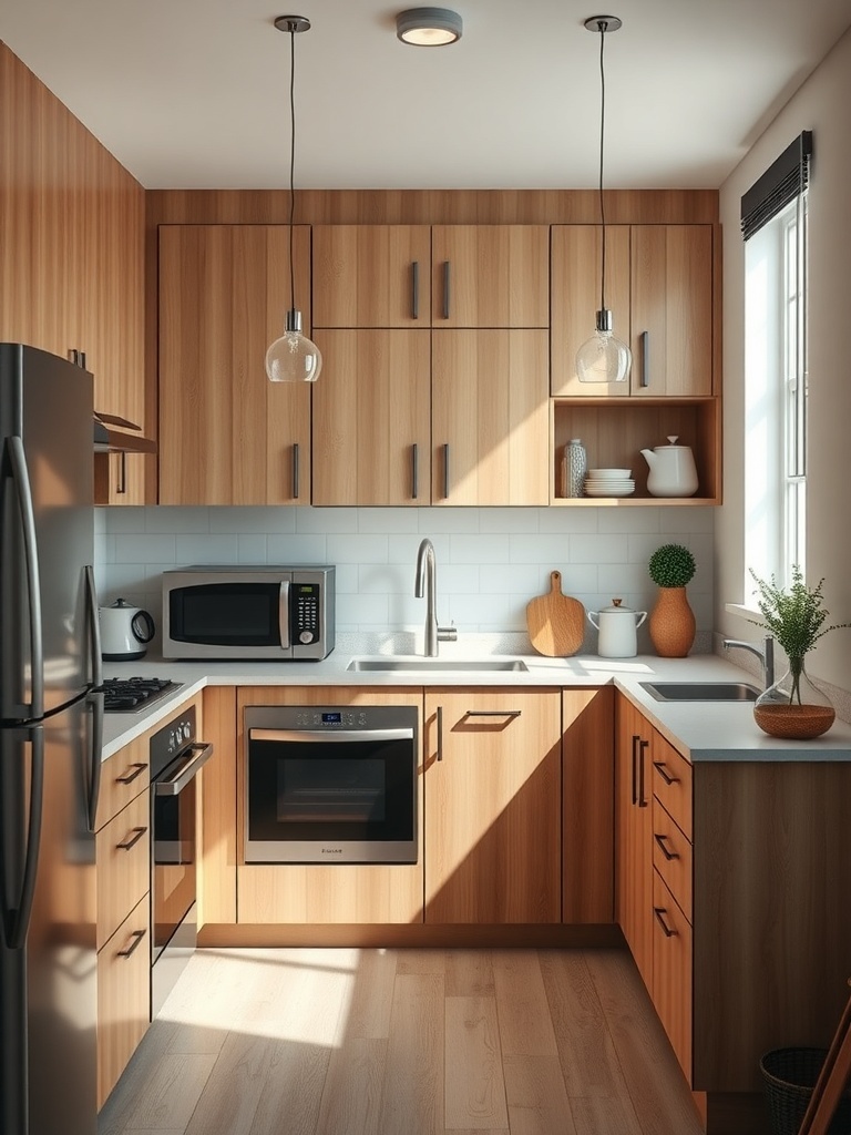 A small apartment kitchen featuring hidden appliances and wooden cabinetry.