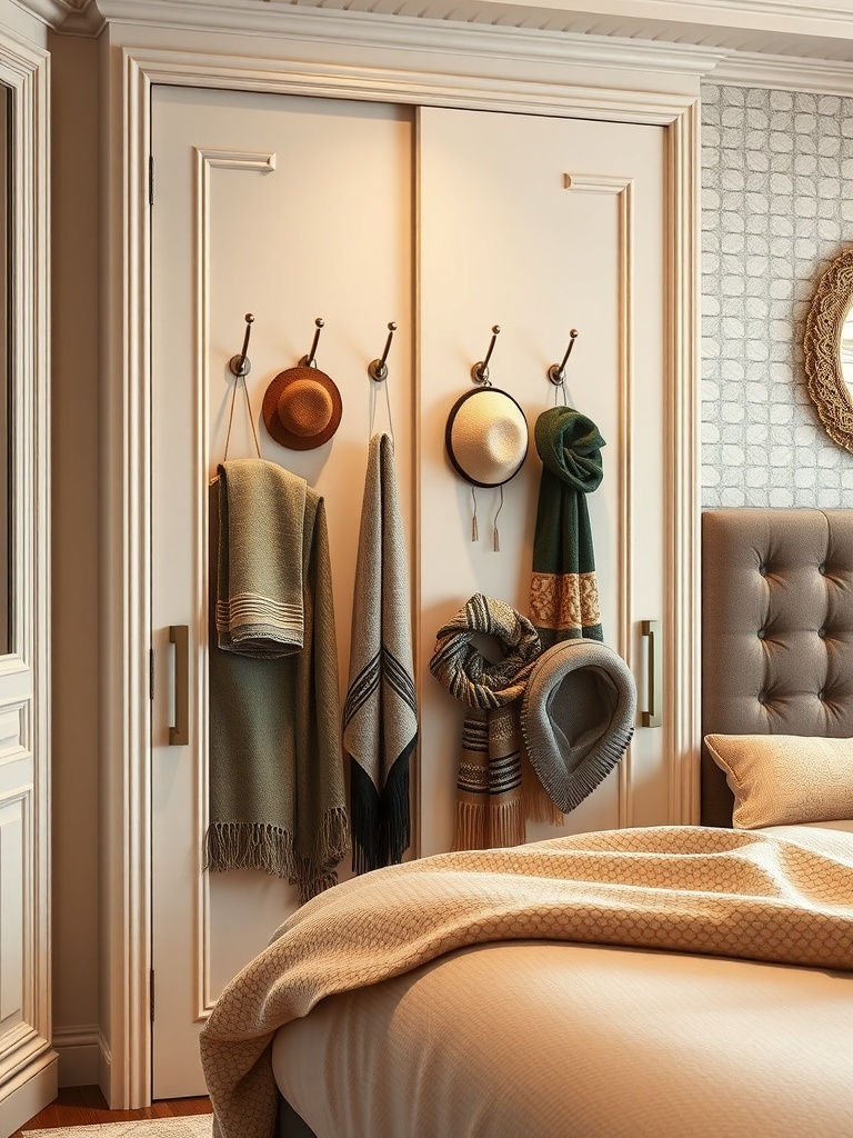 A closet with hooks displaying hats and scarves, showcasing an organized accessory storage solution.