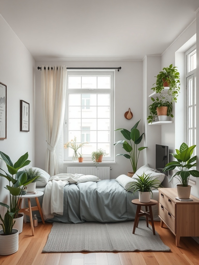 Cozy bedroom with indoor plants and natural light.