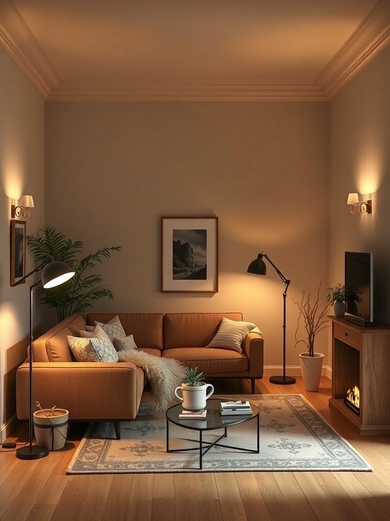 Cozy small living room with warm lighting and stylish decor