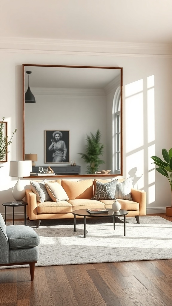 A cozy living room featuring a large mirror above an orange sofa, enhancing depth and light.