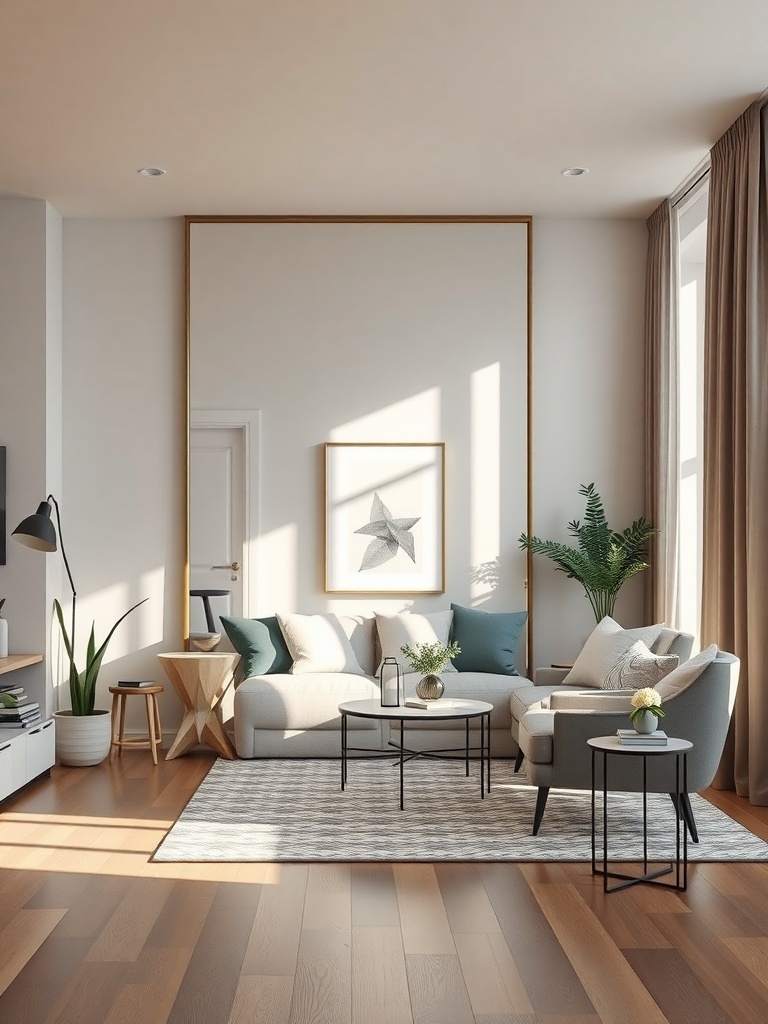 A cozy living room with a large mirror, plants, and stylish furniture.