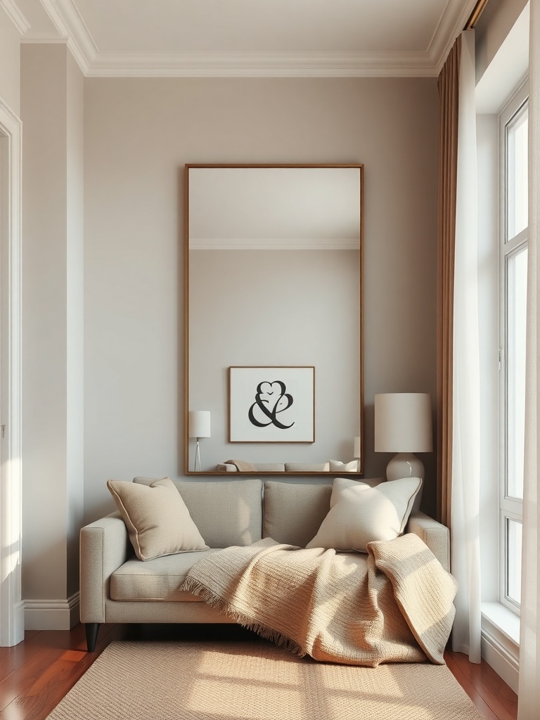 Cozy condo living room with a large mirror above a sofa, creating a sense of depth.