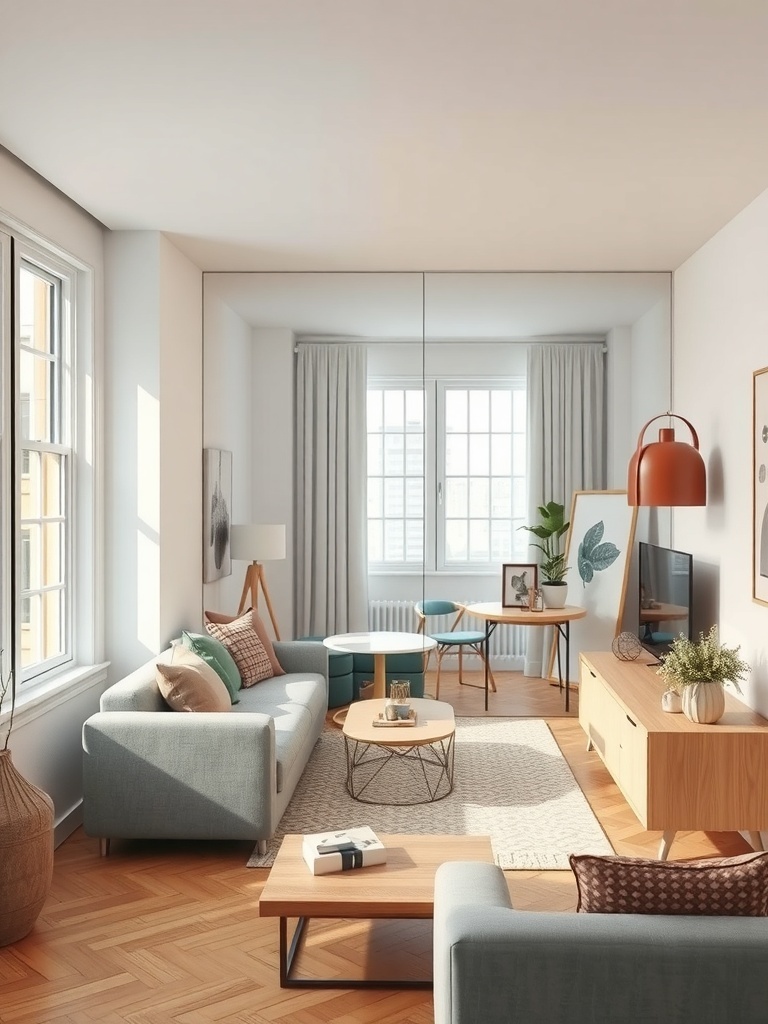 A small living room featuring a large mirror that reflects light and creates an illusion of space.