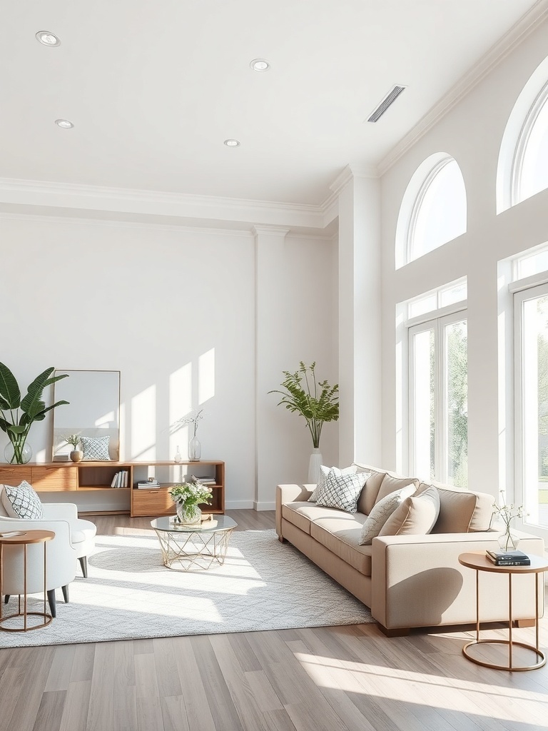 Bright living room with large windows, a stylish mirror, and modern furniture.