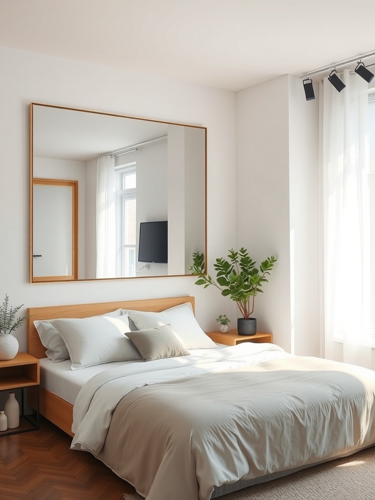 A small bedroom featuring a large mirror above the bed, reflecting light and creating depth.