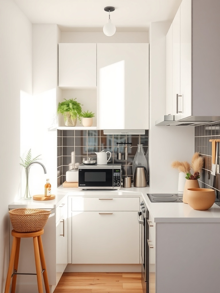 A small, modern kitchen with white cabinets and a mirror reflecting light.