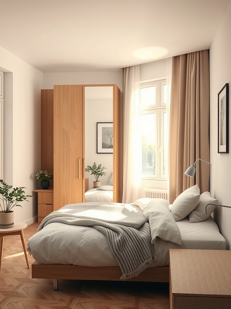 A cozy small bedroom featuring a mirror that enhances the space.