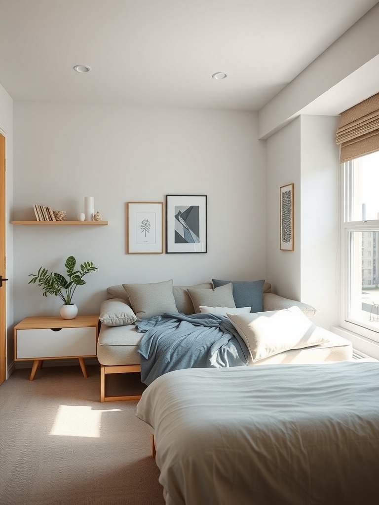 A cozy small bedroom featuring a multifunctional sofa and minimalist decor.