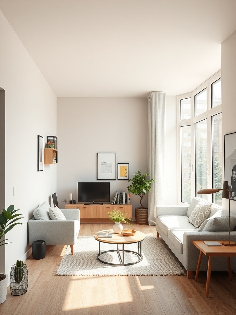 A bright and airy small apartment living room with natural light and modern decor.