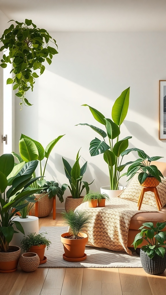 A cozy living room filled with various plants, showcasing a vibrant and fresh atmosphere.