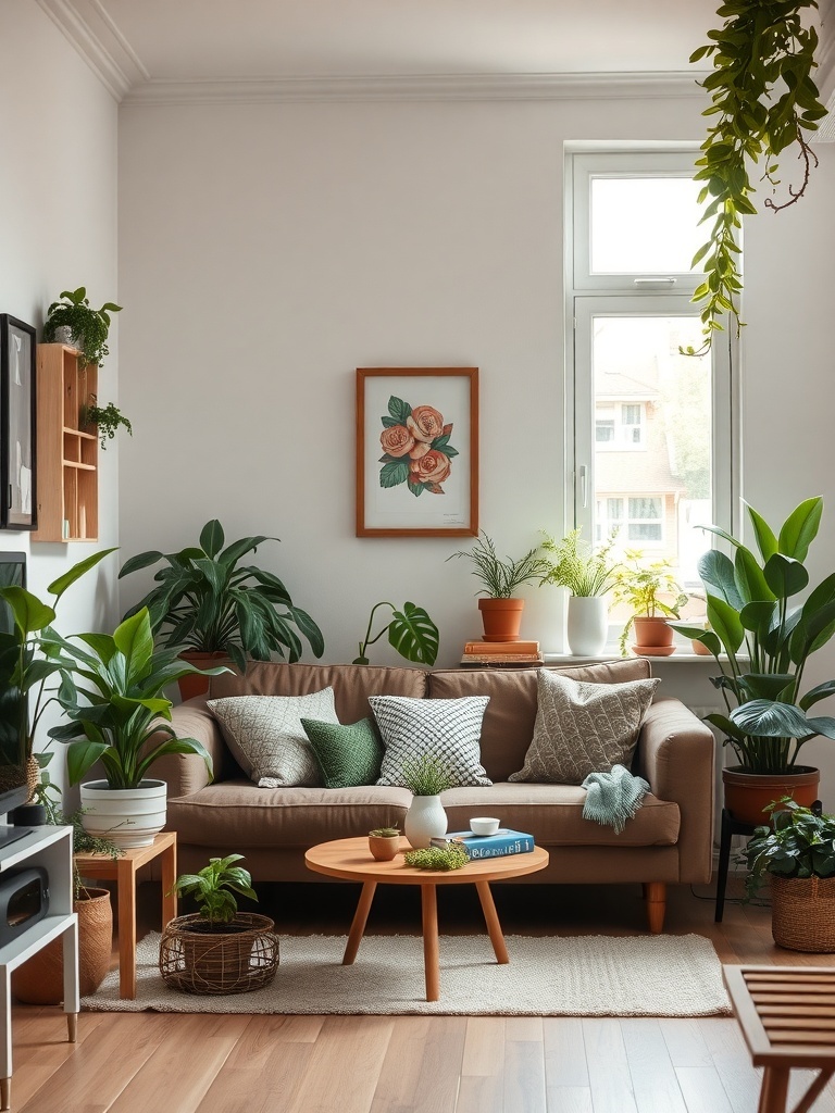 A cozy small living room filled with various plants, featuring a comfortable sofa and a coffee table.