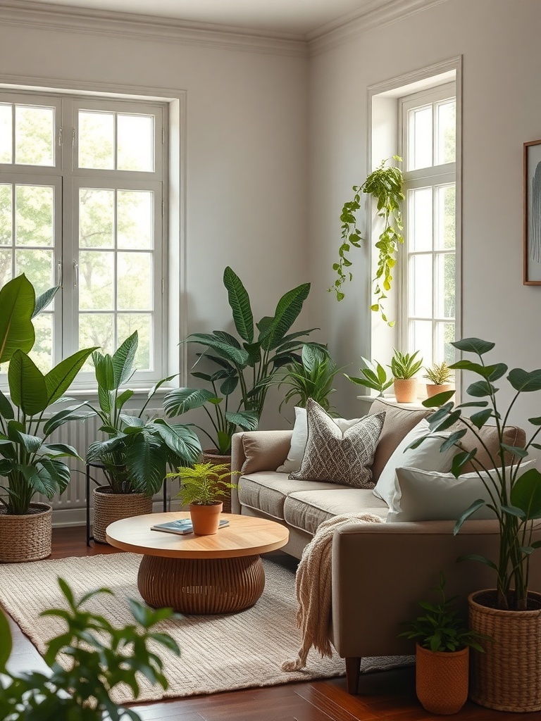 A cozy condo living room filled with various plants, featuring a comfortable sofa and a round coffee table.