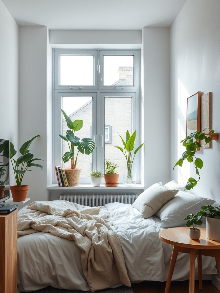 A small apartment bedroom with a bed, cozy blanket, and various potted plants by the window.