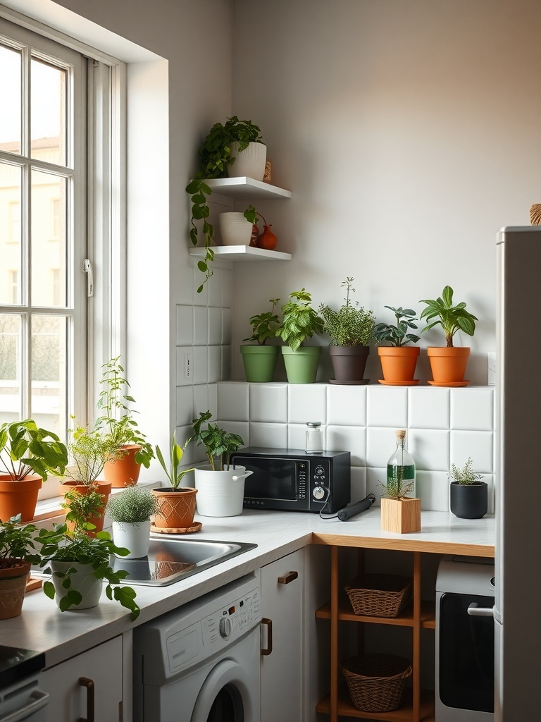 Small apartment kitchen with various potted plants on shelves and countertops.